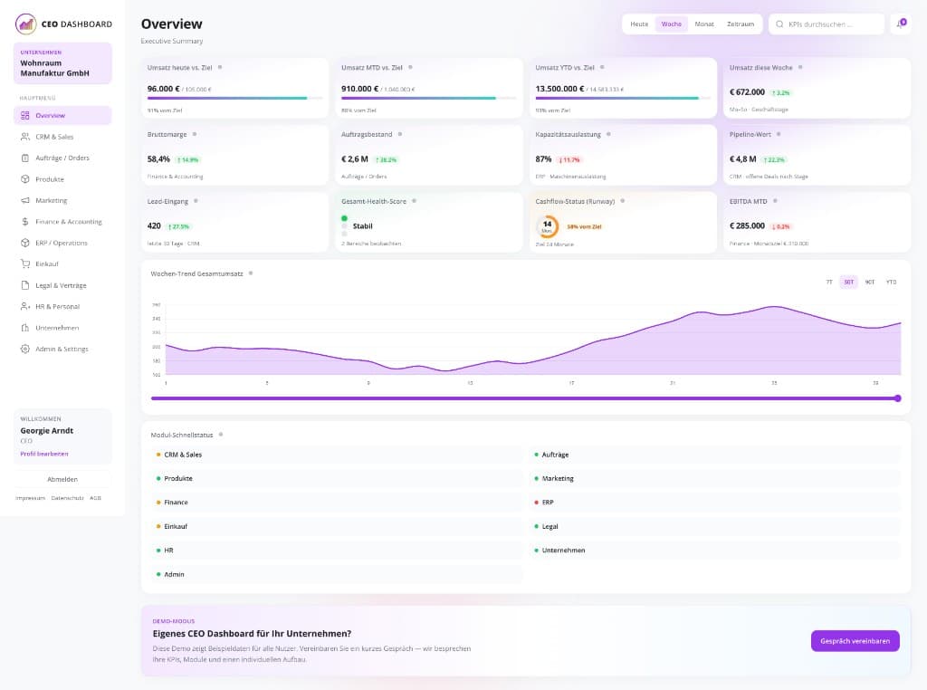 CEO Dashboard Übersicht mit KPIs und Charts